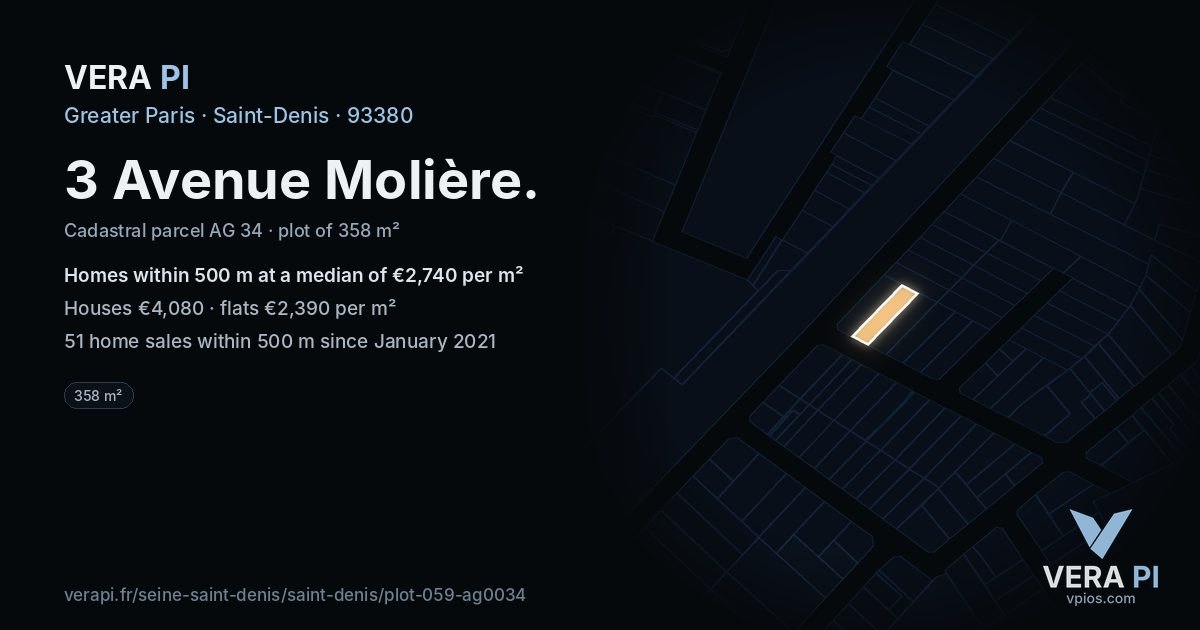 3 Avenue Molière, Saint-Denis at night – the plot lit, the parcels around coloured by the prices near them
