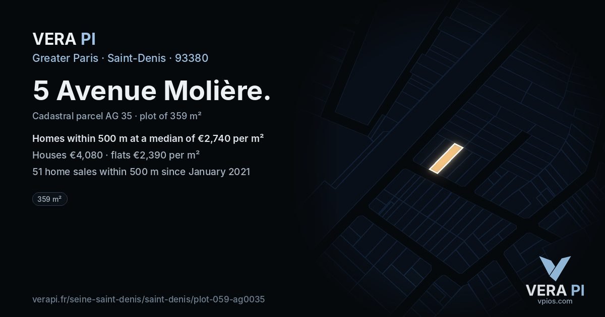 5 Avenue Molière, Saint-Denis at night – the plot lit, the parcels around coloured by the prices near them