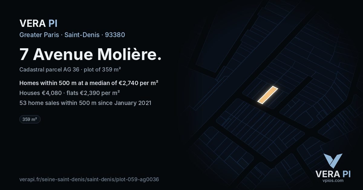 7 Avenue Molière, Saint-Denis at night – the plot lit, the parcels around coloured by the prices near them