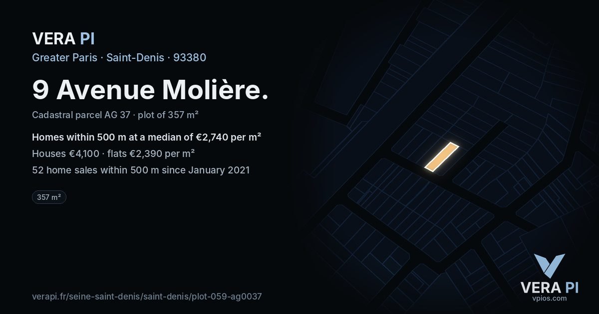 9 Avenue Molière, Saint-Denis at night – the plot lit, the parcels around coloured by the prices near them