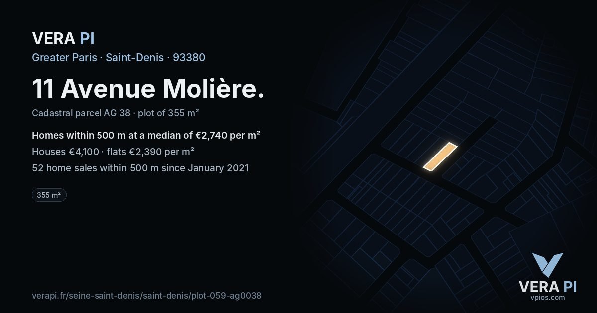 11 Avenue Molière, Saint-Denis at night – the plot lit, the parcels around coloured by the prices near them
