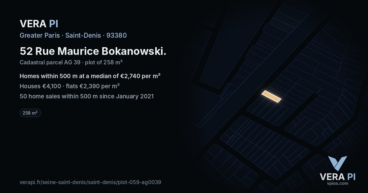 52 Rue Maurice Bokanowski, Saint-Denis at night – the plot lit, the parcels around coloured by the prices near them