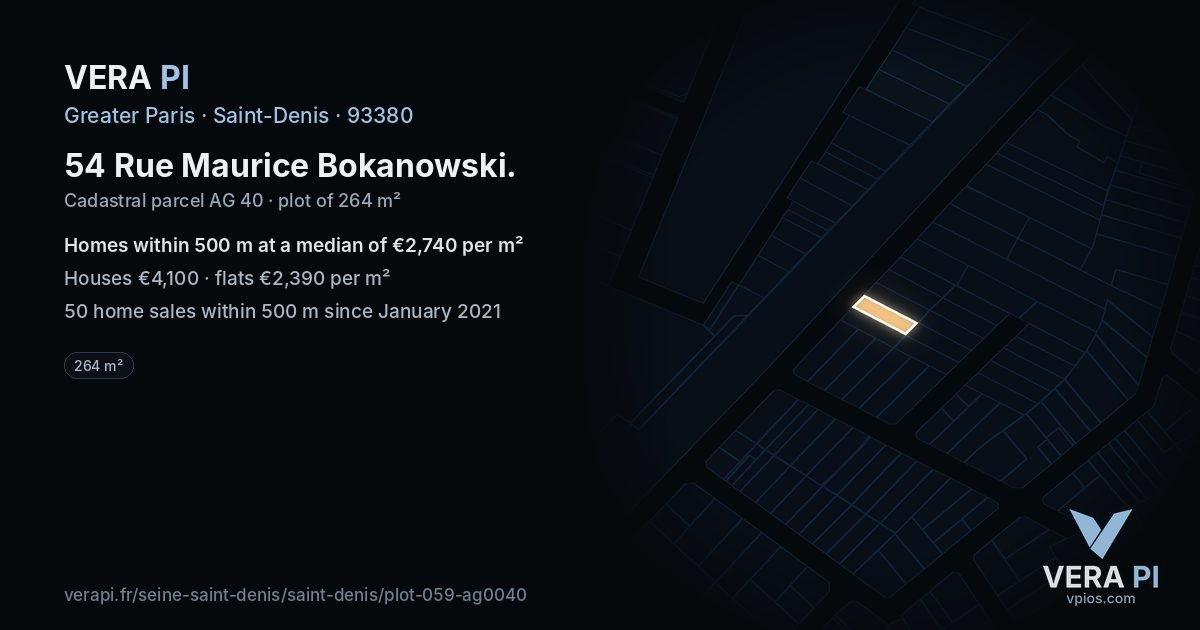 54 Rue Maurice Bokanowski, Saint-Denis at night – the plot lit, the parcels around coloured by the prices near them