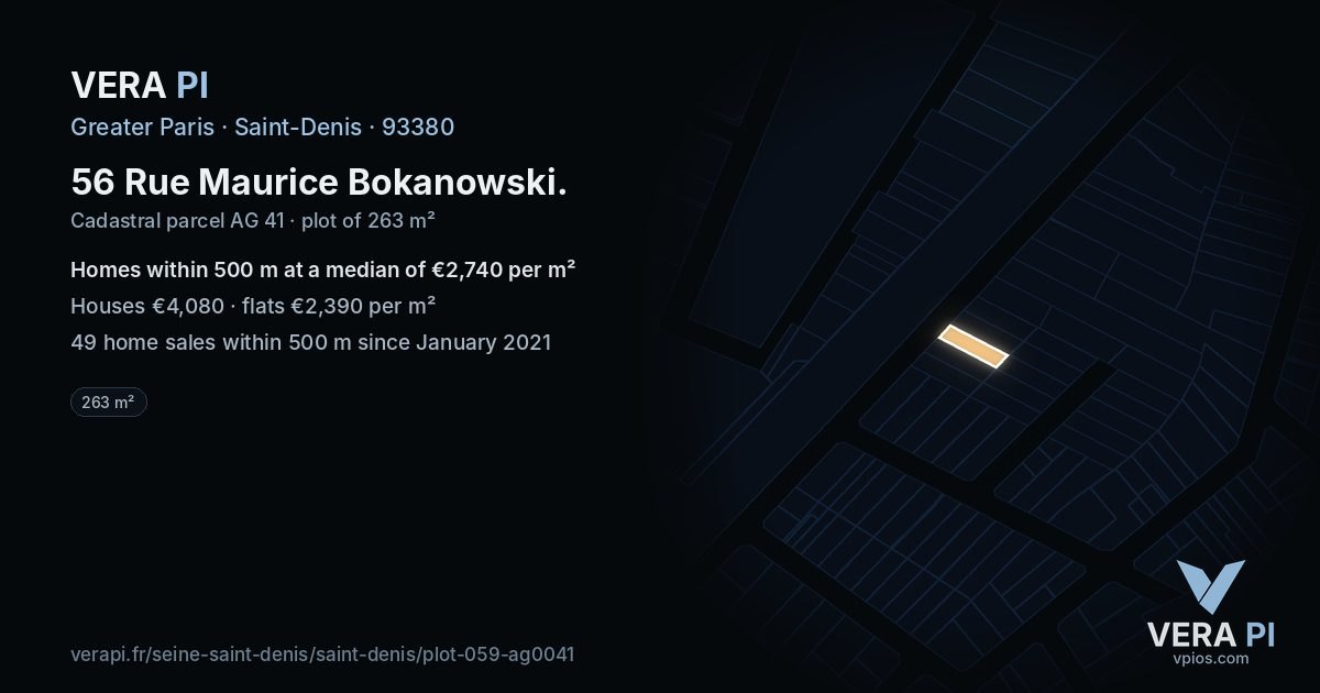 56 Rue Maurice Bokanowski, Saint-Denis at night – the plot lit, the parcels around coloured by the prices near them