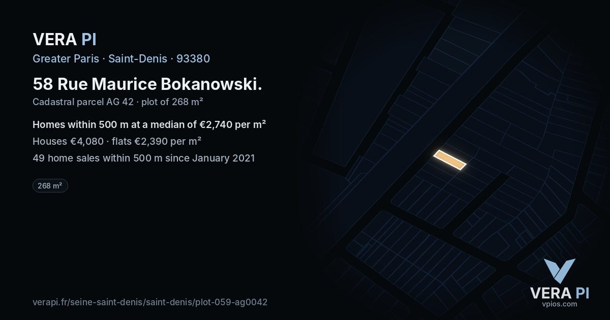 58 Rue Maurice Bokanowski, Saint-Denis at night – the plot lit, the parcels around coloured by the prices near them