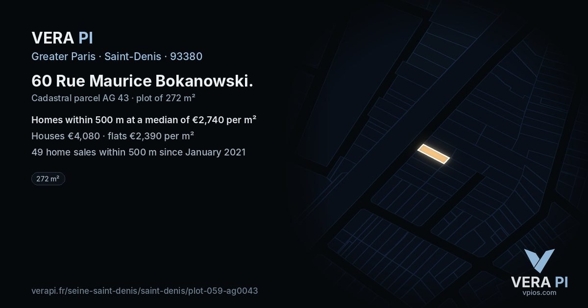 60 Rue Maurice Bokanowski, Saint-Denis at night – the plot lit, the parcels around coloured by the prices near them