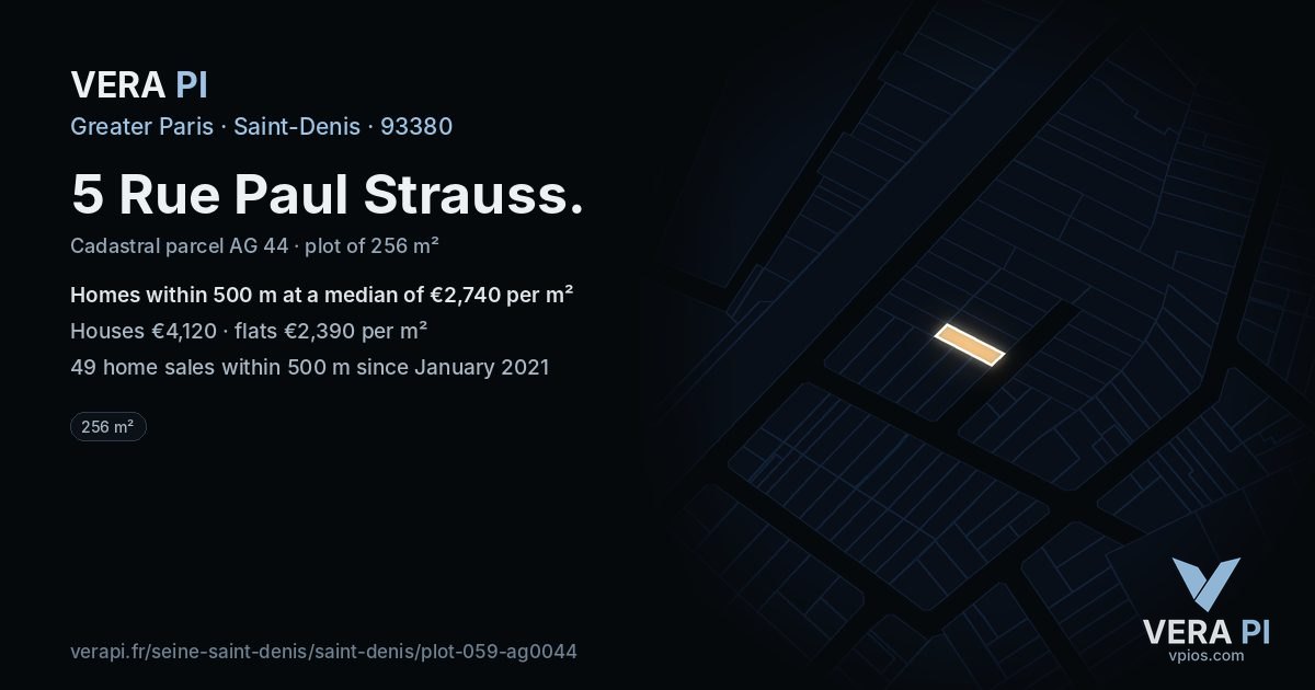 5 Rue Paul Strauss, Saint-Denis at night – the plot lit, the parcels around coloured by the prices near them