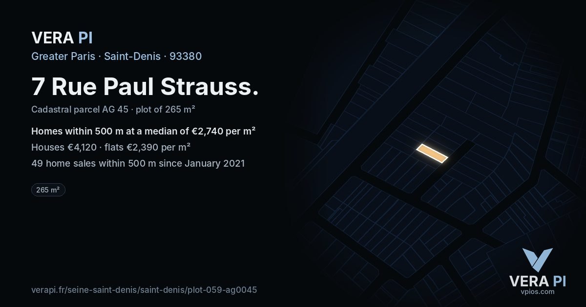 7 Rue Paul Strauss, Saint-Denis at night – the plot lit, the parcels around coloured by the prices near them