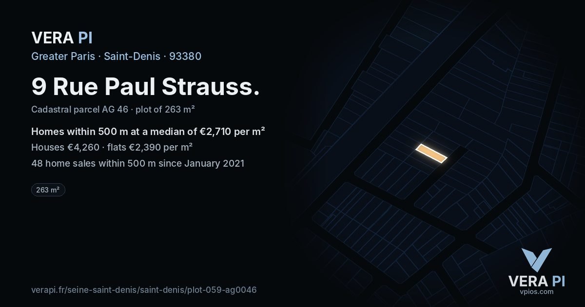 9 Rue Paul Strauss, Saint-Denis at night – the plot lit, the parcels around coloured by the prices near them