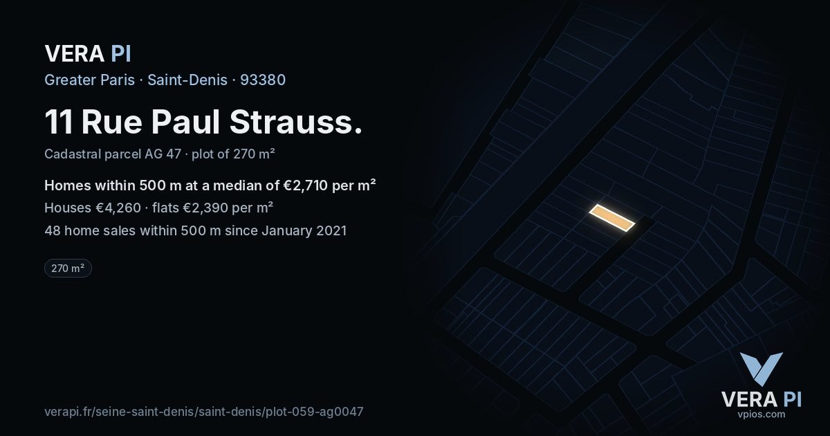 11 Rue Paul Strauss, Saint-Denis at night – the plot lit, the parcels around coloured by the prices near them