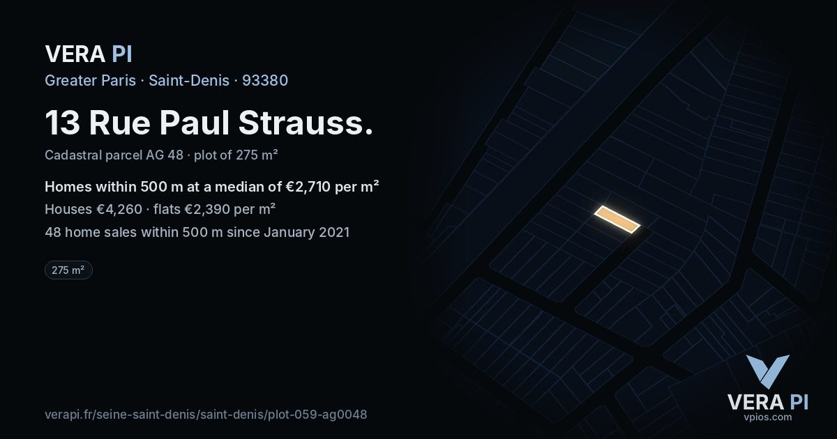 13 Rue Paul Strauss, Saint-Denis at night – the plot lit, the parcels around coloured by the prices near them