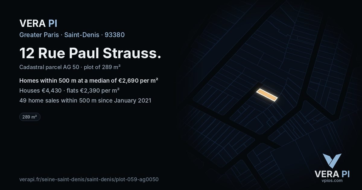 12 Rue Paul Strauss, Saint-Denis at night – the plot lit, the parcels around coloured by the prices near them