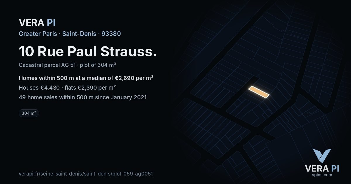 10 Rue Paul Strauss, Saint-Denis at night – the plot lit, the parcels around coloured by the prices near them