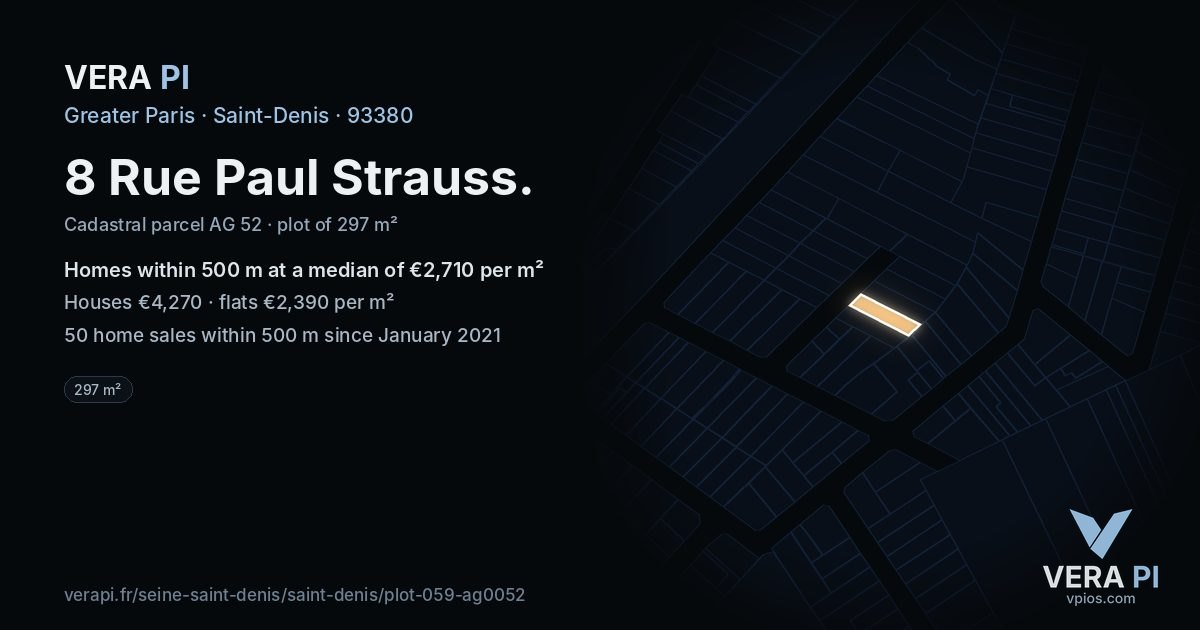 8 Rue Paul Strauss, Saint-Denis at night – the plot lit, the parcels around coloured by the prices near them