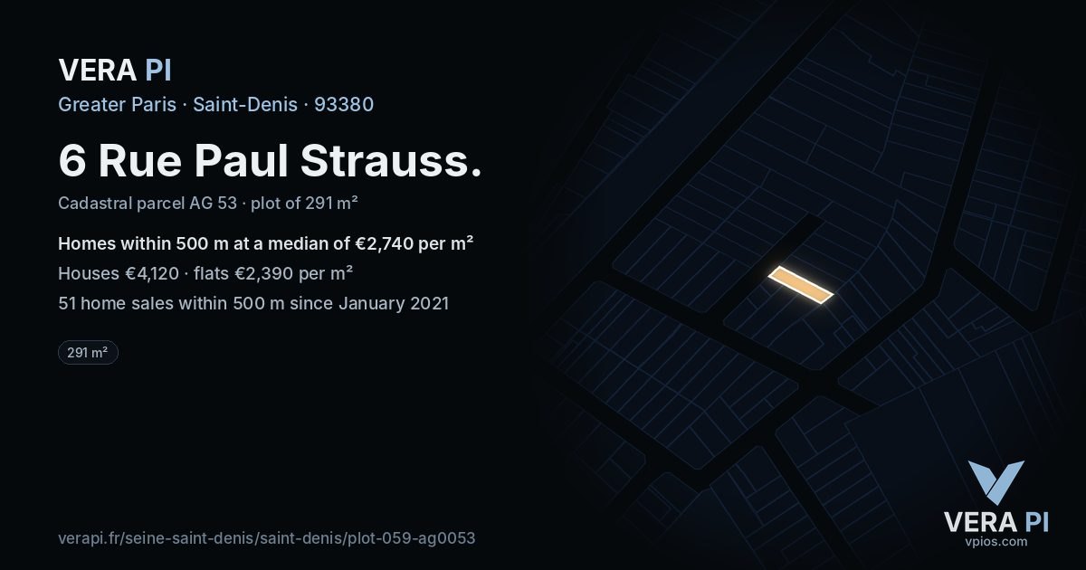 6 Rue Paul Strauss, Saint-Denis at night – the plot lit, the parcels around coloured by the prices near them