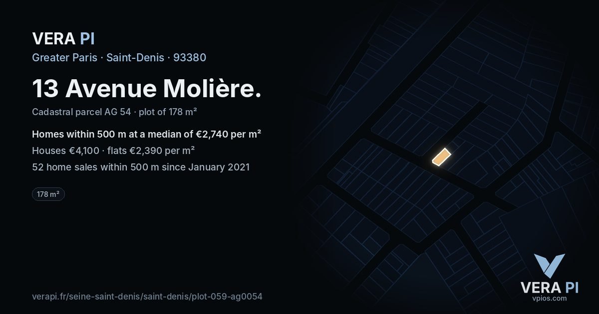 13 Avenue Molière, Saint-Denis at night – the plot lit, the parcels around coloured by the prices near them
