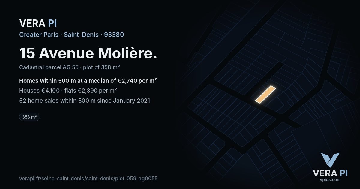 15 Avenue Molière, Saint-Denis at night – the plot lit, the parcels around coloured by the prices near them