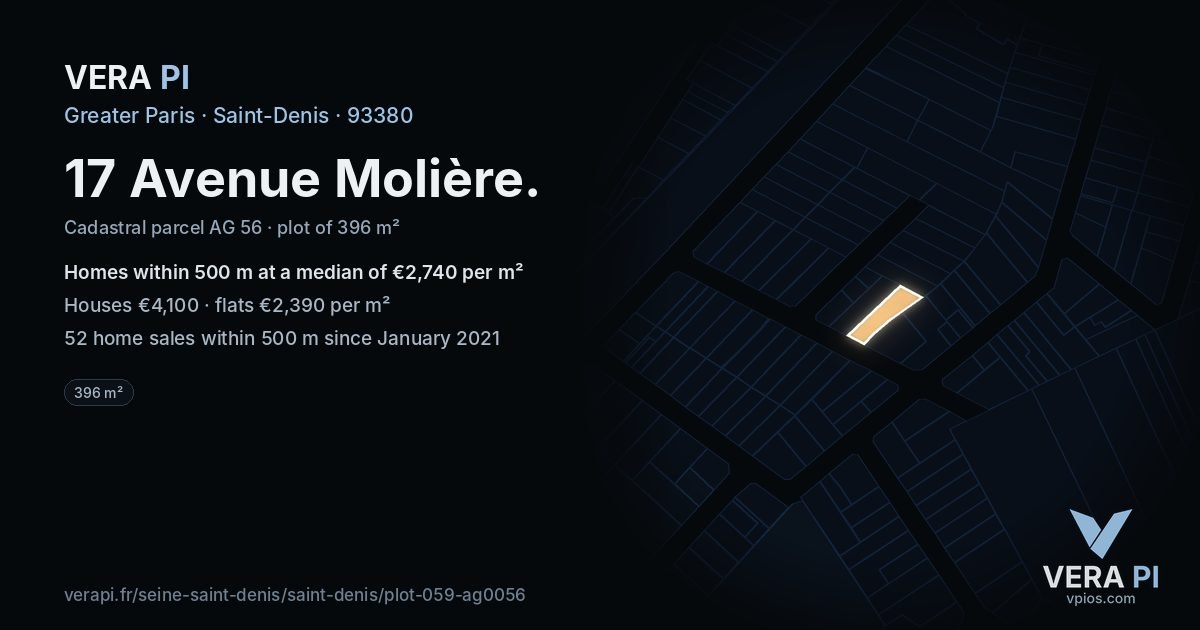 17 Avenue Molière, Saint-Denis at night – the plot lit, the parcels around coloured by the prices near them