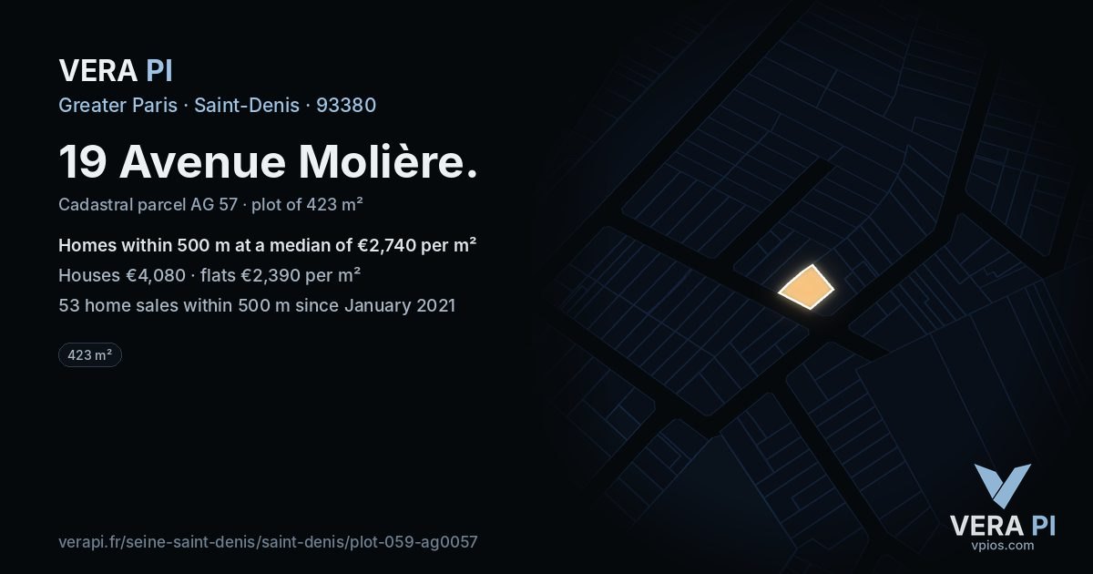 19 Avenue Molière, Saint-Denis at night – the plot lit, the parcels around coloured by the prices near them