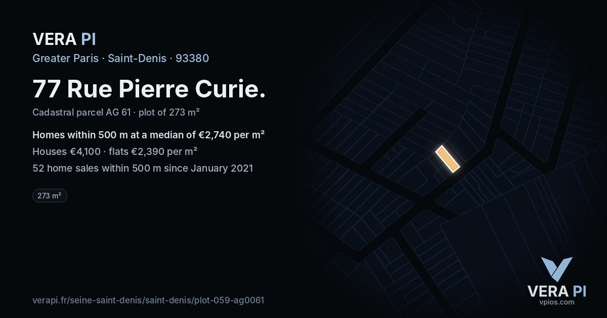 77 Rue Pierre Curie, Saint-Denis at night – the plot lit, the parcels around coloured by the prices near them