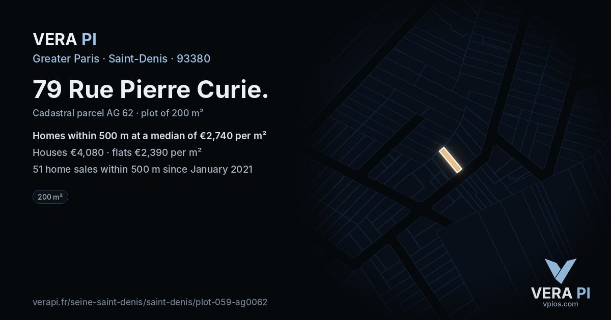 79 Rue Pierre Curie, Saint-Denis at night – the plot lit, the parcels around coloured by the prices near them