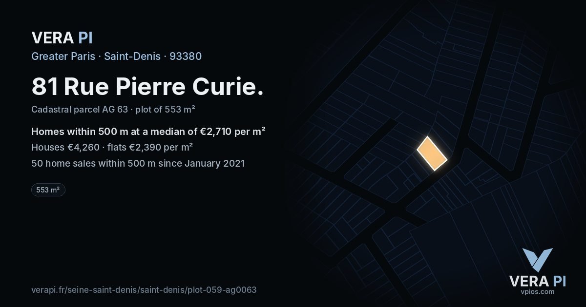 81 Rue Pierre Curie, Saint-Denis at night – the plot lit, the parcels around coloured by the prices near them