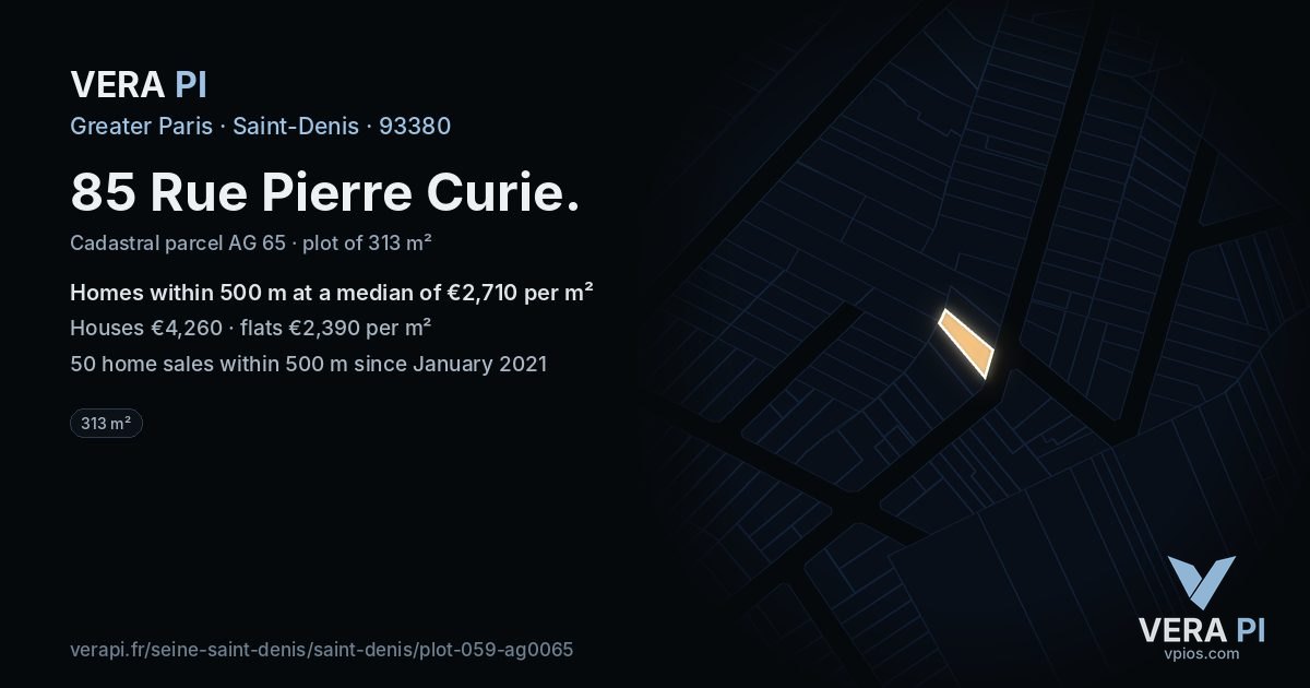 85 Rue Pierre Curie, Saint-Denis at night – the plot lit, the parcels around coloured by the prices near them