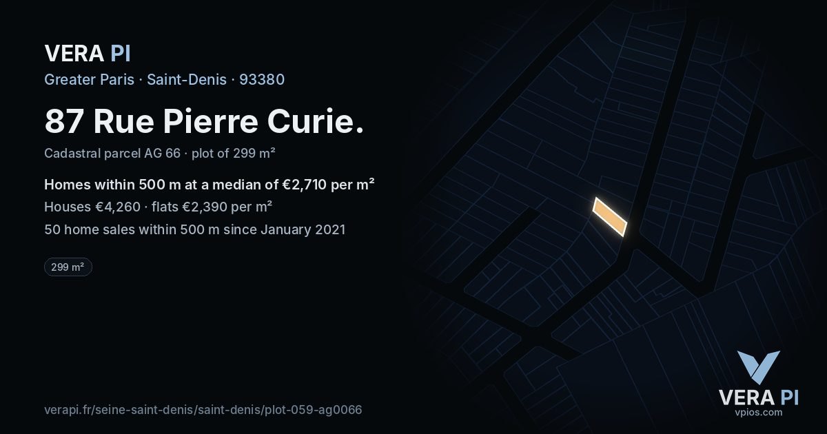 87 Rue Pierre Curie, Saint-Denis at night – the plot lit, the parcels around coloured by the prices near them