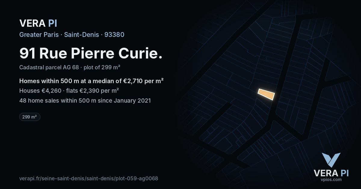 91 Rue Pierre Curie, Saint-Denis at night – the plot lit, the parcels around coloured by the prices near them