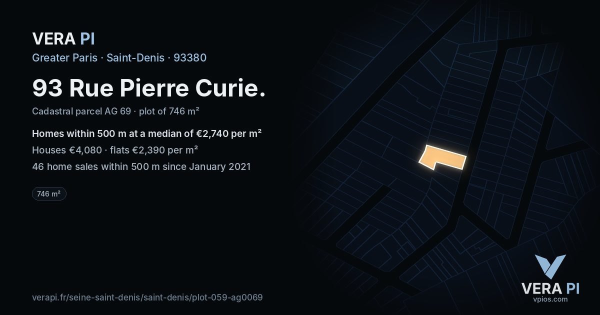 93 Rue Pierre Curie, Saint-Denis at night – the plot lit, the parcels around coloured by the prices near them