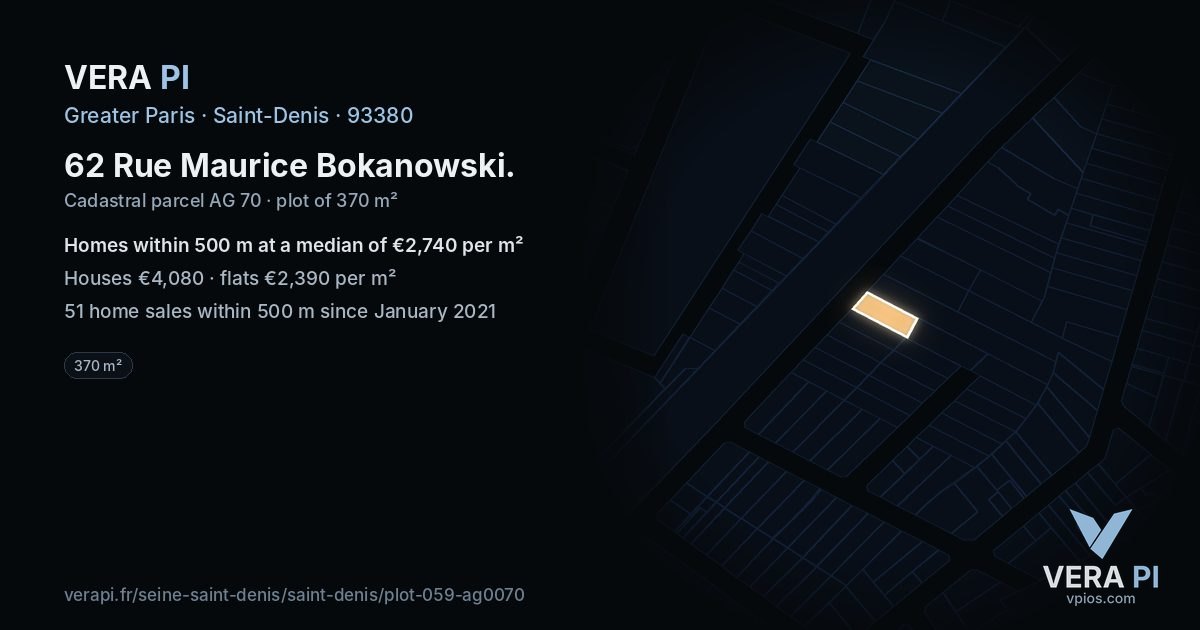 62 Rue Maurice Bokanowski, Saint-Denis at night – the plot lit, the parcels around coloured by the prices near them