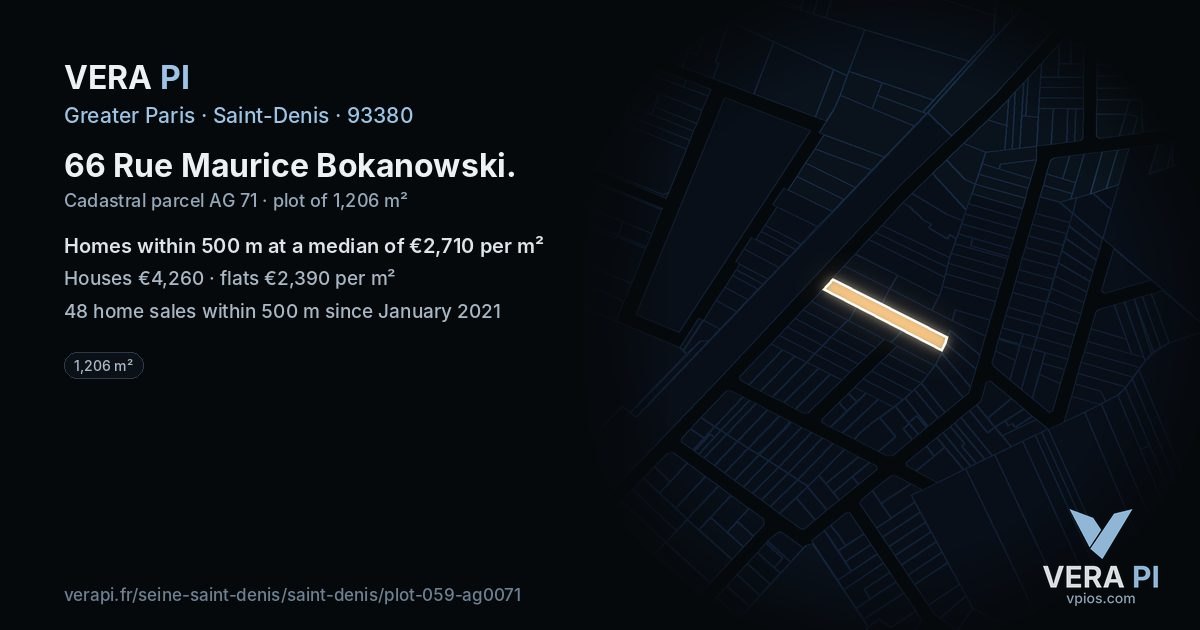 66 Rue Maurice Bokanowski, Saint-Denis at night – the plot lit, the parcels around coloured by the prices near them