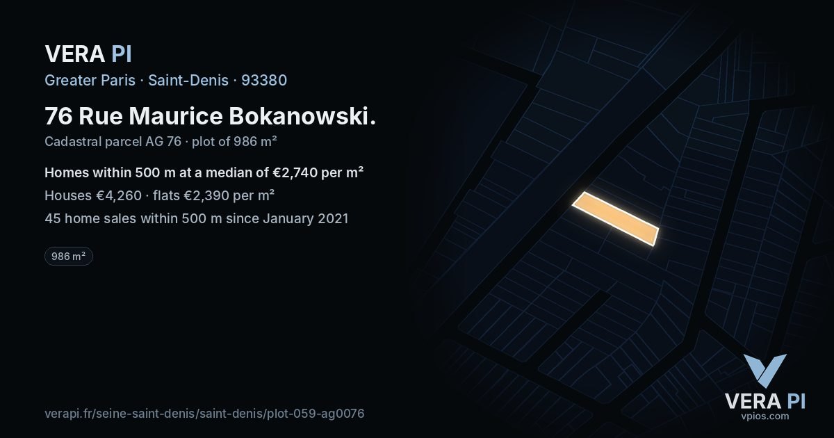 76 Rue Maurice Bokanowski, Saint-Denis at night – the plot lit, the parcels around coloured by the prices near them