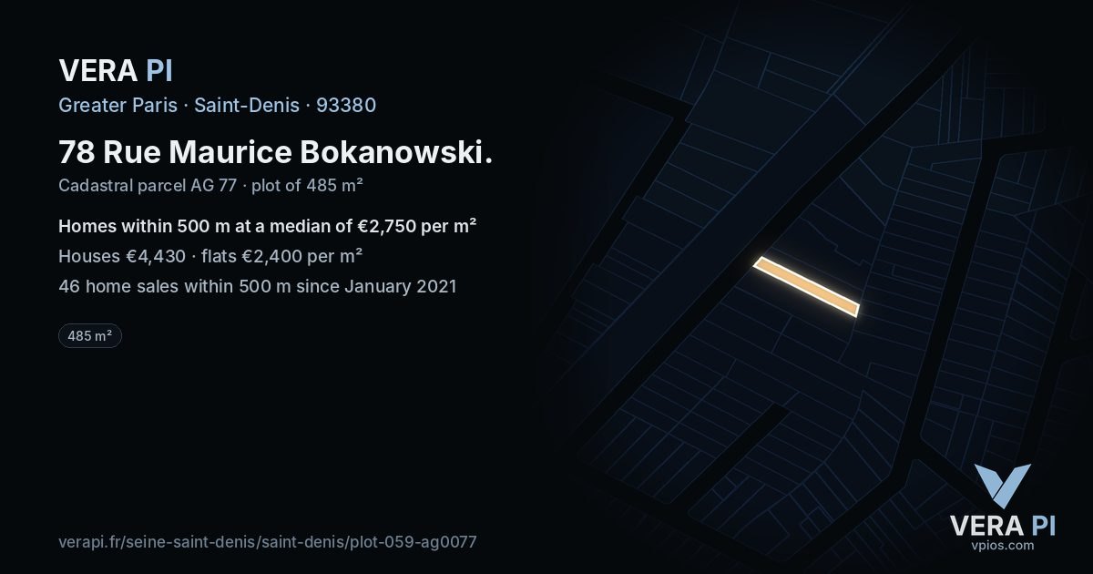 78 Rue Maurice Bokanowski, Saint-Denis at night – the plot lit, the parcels around coloured by the prices near them