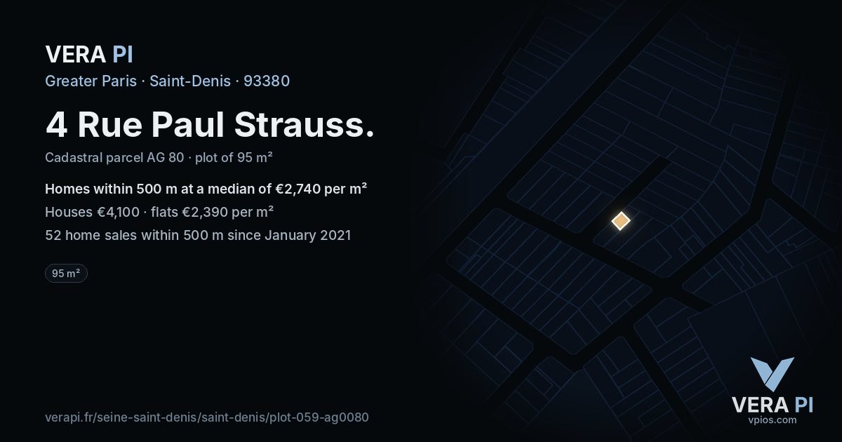 4 Rue Paul Strauss, Saint-Denis at night – the plot lit, the parcels around coloured by the prices near them