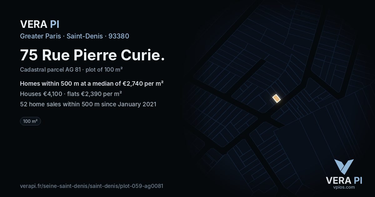 75 Rue Pierre Curie, Saint-Denis at night – the plot lit, the parcels around coloured by the prices near them