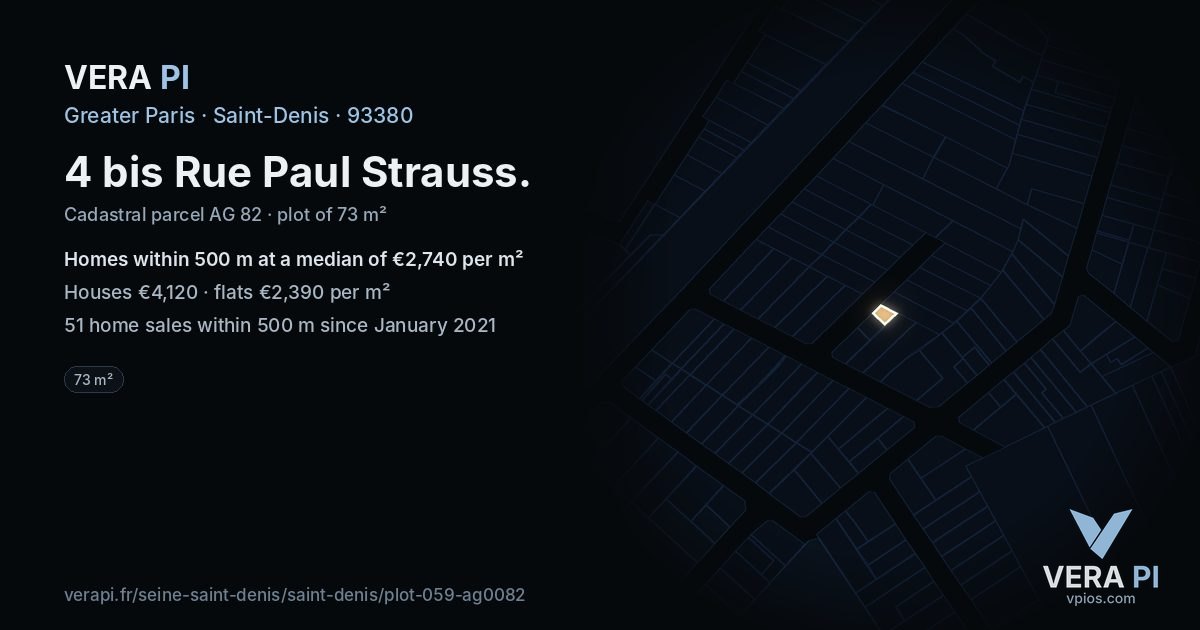 4 bis Rue Paul Strauss, Saint-Denis at night – the plot lit, the parcels around coloured by the prices near them
