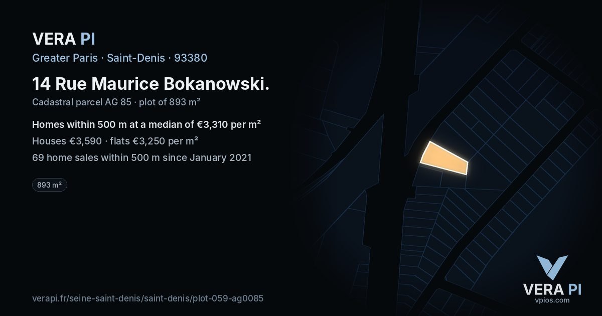 14 Rue Maurice Bokanowski, Saint-Denis at night – the plot lit, the parcels around coloured by the prices near them