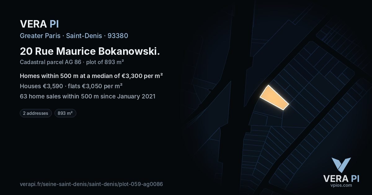 20 Rue Maurice Bokanowski, Saint-Denis at night – the plot lit, the parcels around coloured by the prices near them