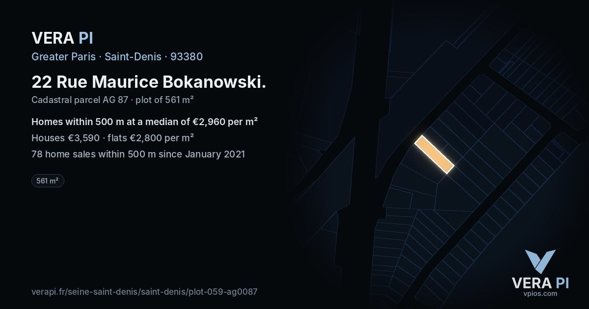 22 Rue Maurice Bokanowski, Saint-Denis at night – the plot lit, the parcels around coloured by the prices near them