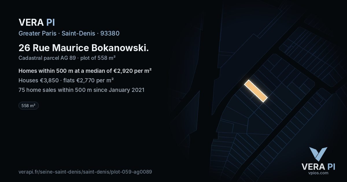 26 Rue Maurice Bokanowski, Saint-Denis at night – the plot lit, the parcels around coloured by the prices near them