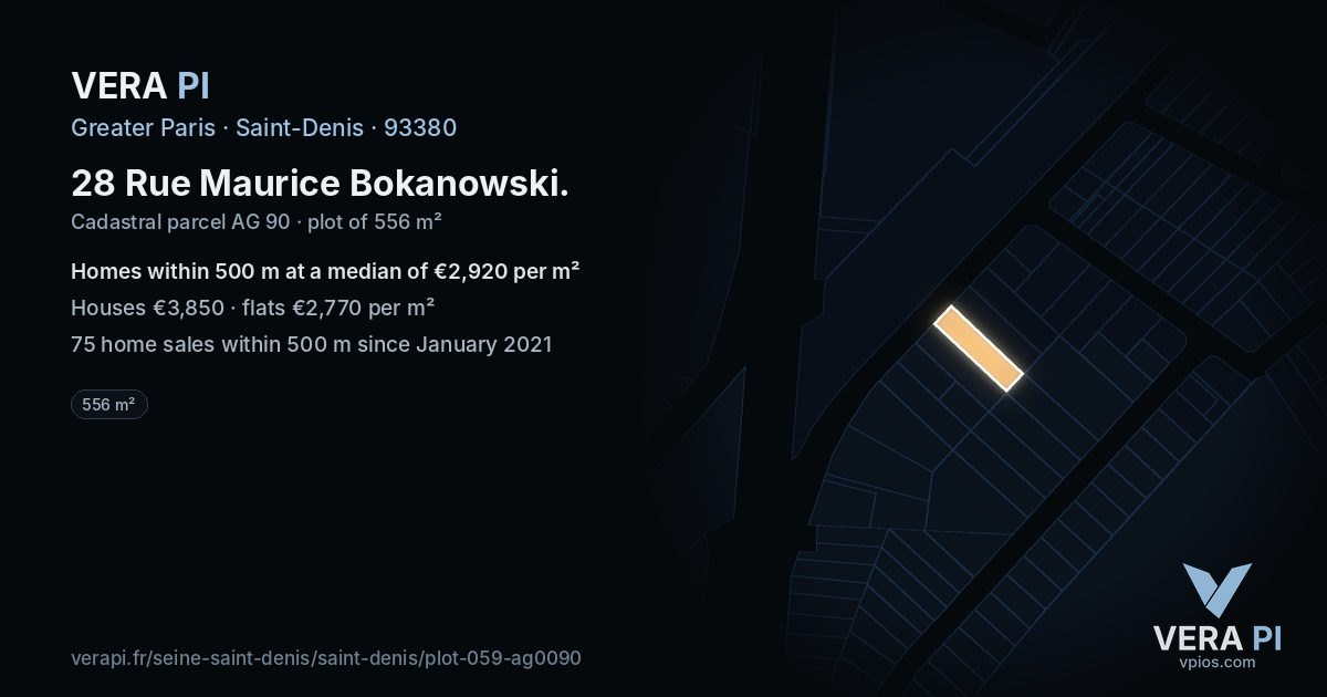 28 Rue Maurice Bokanowski, Saint-Denis at night – the plot lit, the parcels around coloured by the prices near them