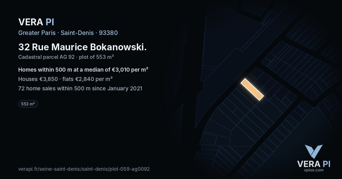 32 Rue Maurice Bokanowski, Saint-Denis at night – the plot lit, the parcels around coloured by the prices near them