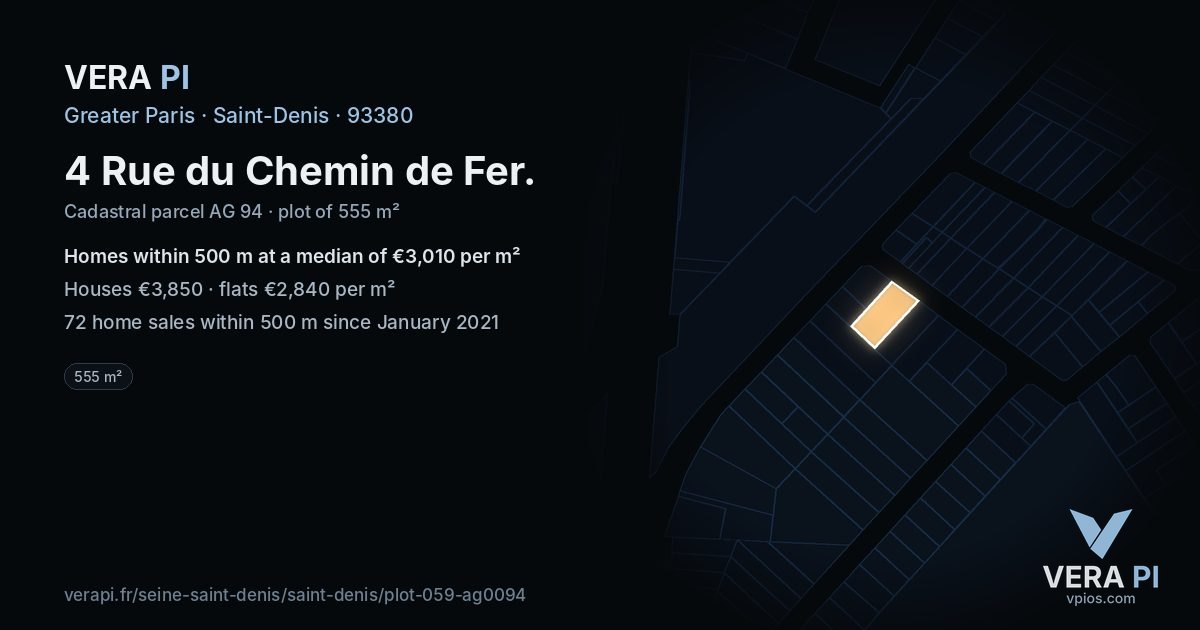 4 Rue du Chemin de Fer, Saint-Denis at night – the plot lit, the parcels around coloured by the prices near them