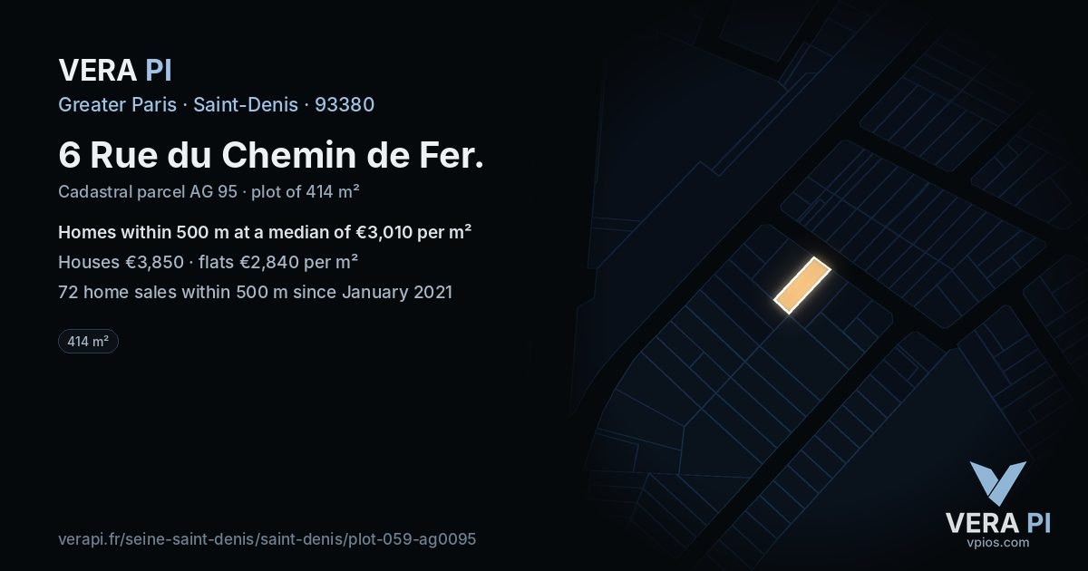 6 Rue du Chemin de Fer, Saint-Denis at night – the plot lit, the parcels around coloured by the prices near them