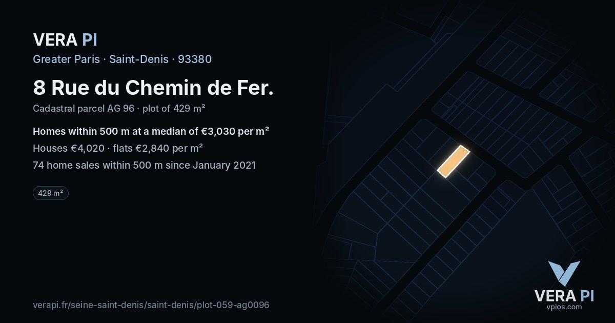 8 Rue du Chemin de Fer, Saint-Denis at night – the plot lit, the parcels around coloured by the prices near them