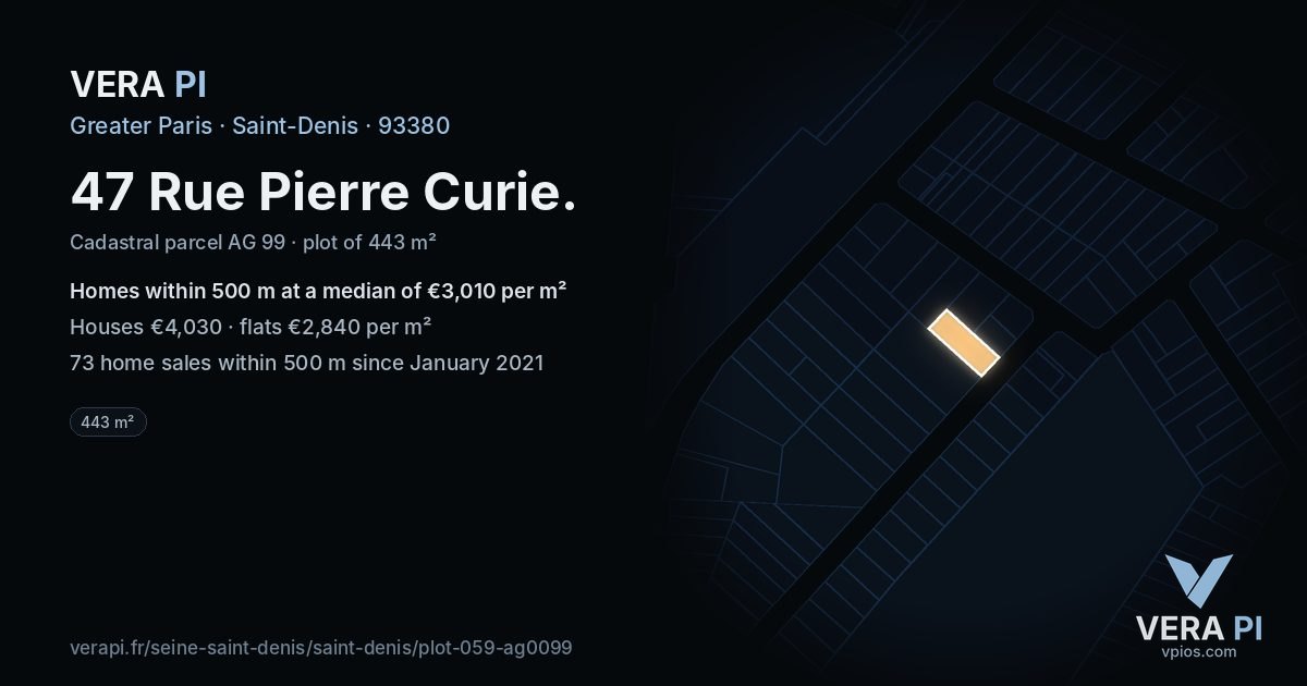 47 Rue Pierre Curie, Saint-Denis at night – the plot lit, the parcels around coloured by the prices near them