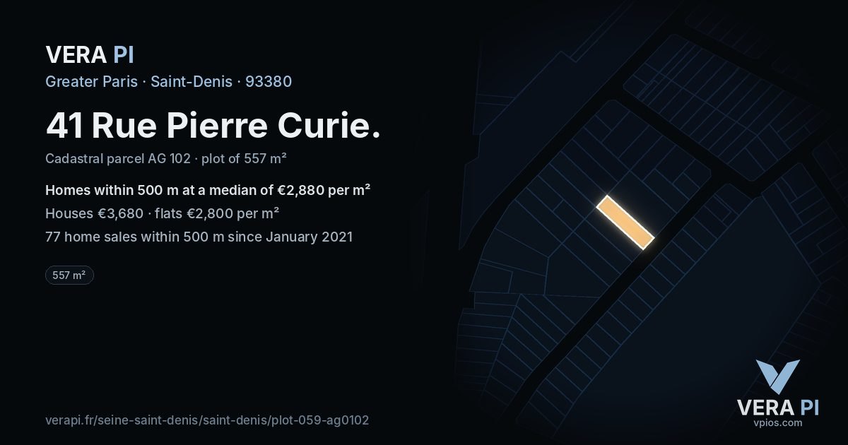 41 Rue Pierre Curie, Saint-Denis at night – the plot lit, the parcels around coloured by the prices near them