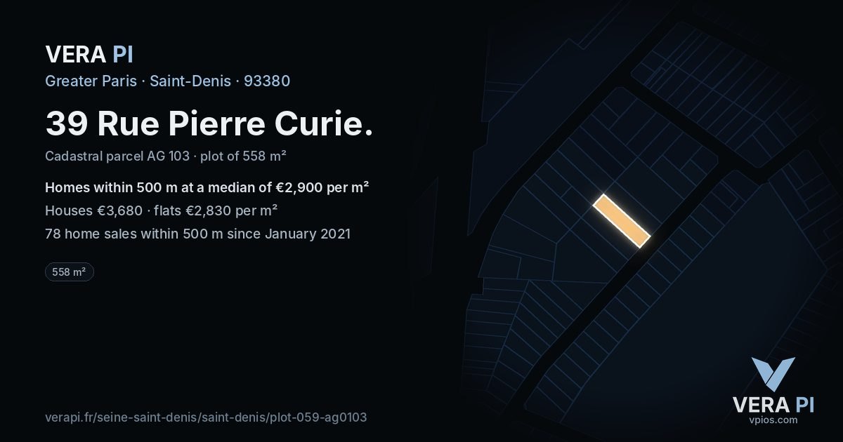 39 Rue Pierre Curie, Saint-Denis at night – the plot lit, the parcels around coloured by the prices near them