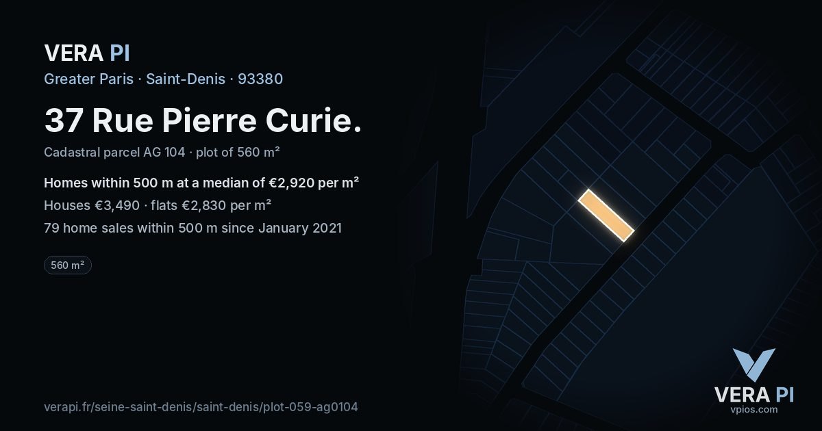 37 Rue Pierre Curie, Saint-Denis at night – the plot lit, the parcels around coloured by the prices near them